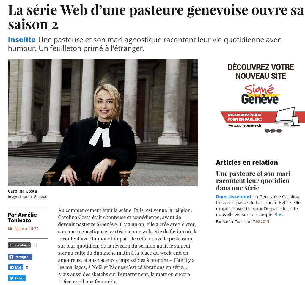 Article de presse et média : Tribune de Genève du 05 octobre 2016 - Ma femme est pasteure