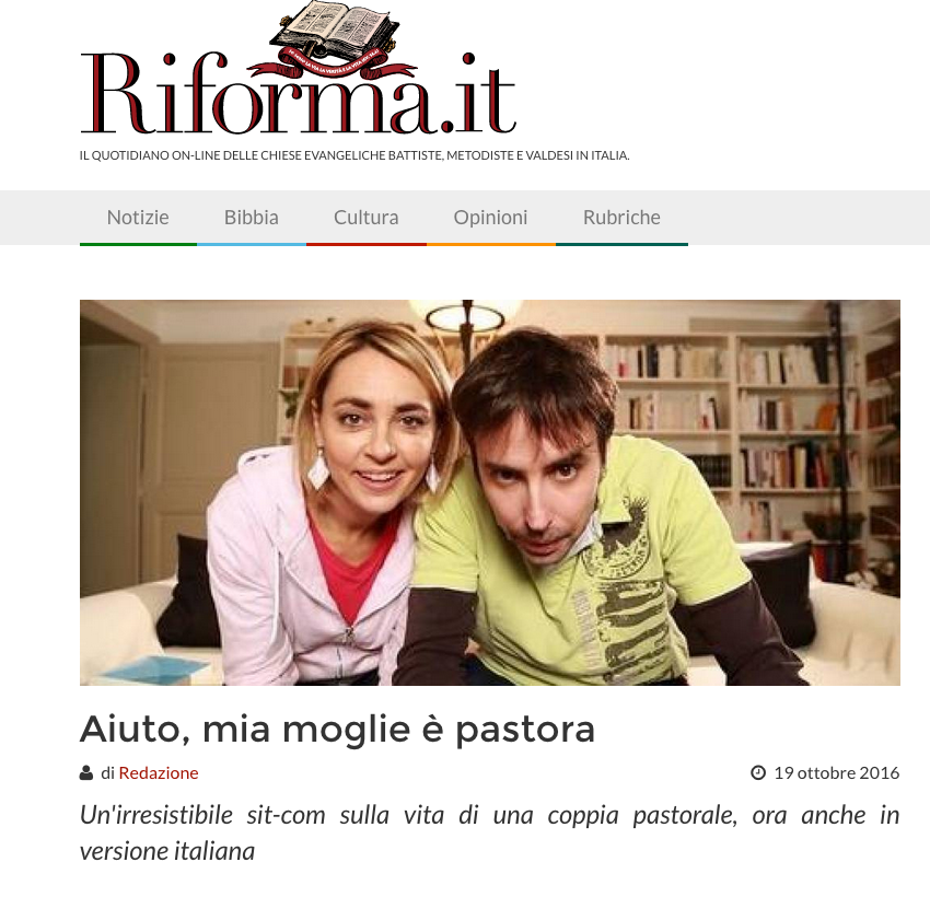 Article de presse et média : Riforma.it du 10 octobre 2016 - Ma femme est pasteure