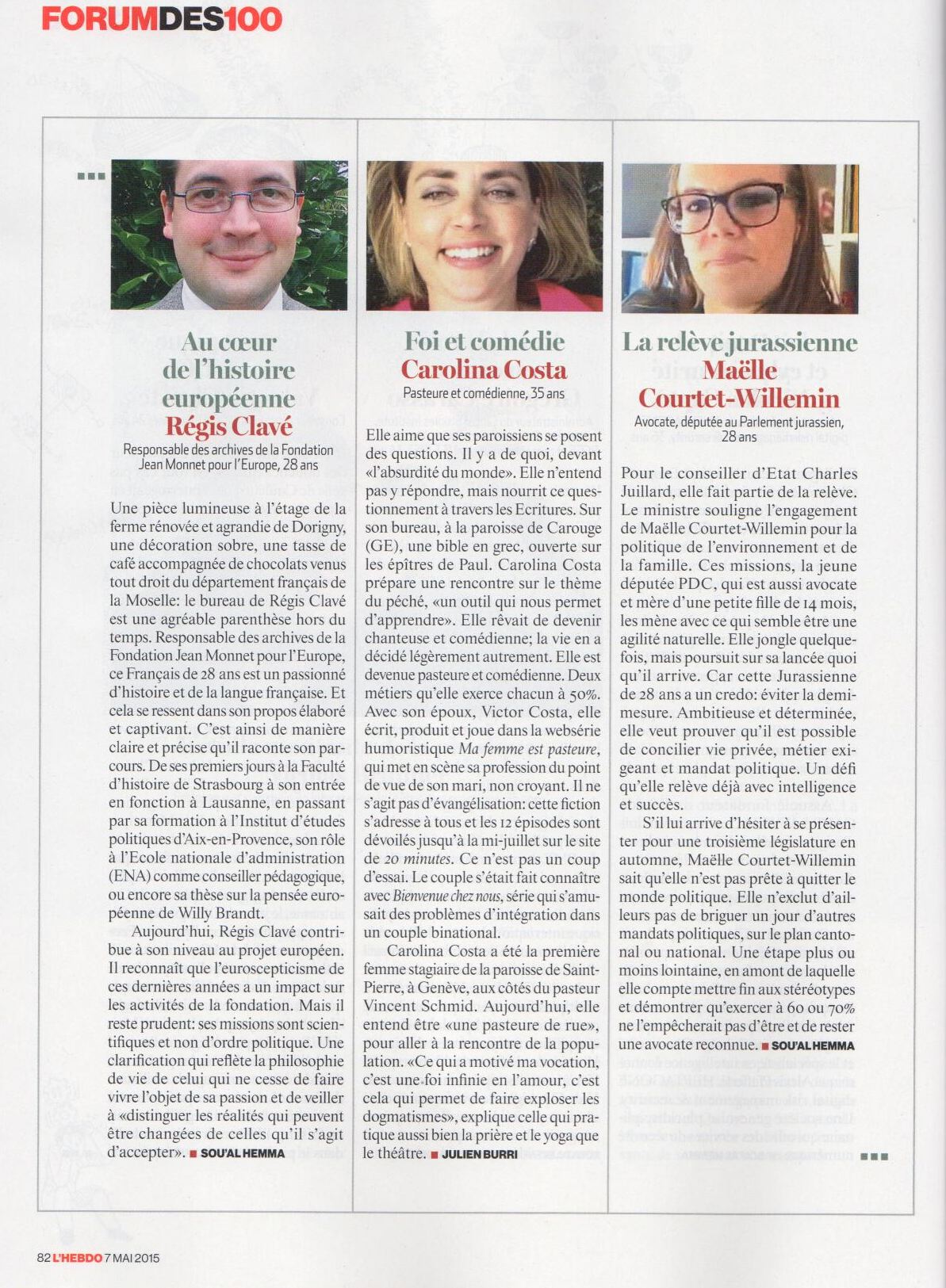 Article de presse et média : L’Hebdo Forum des 100 du 7 mai 2015
