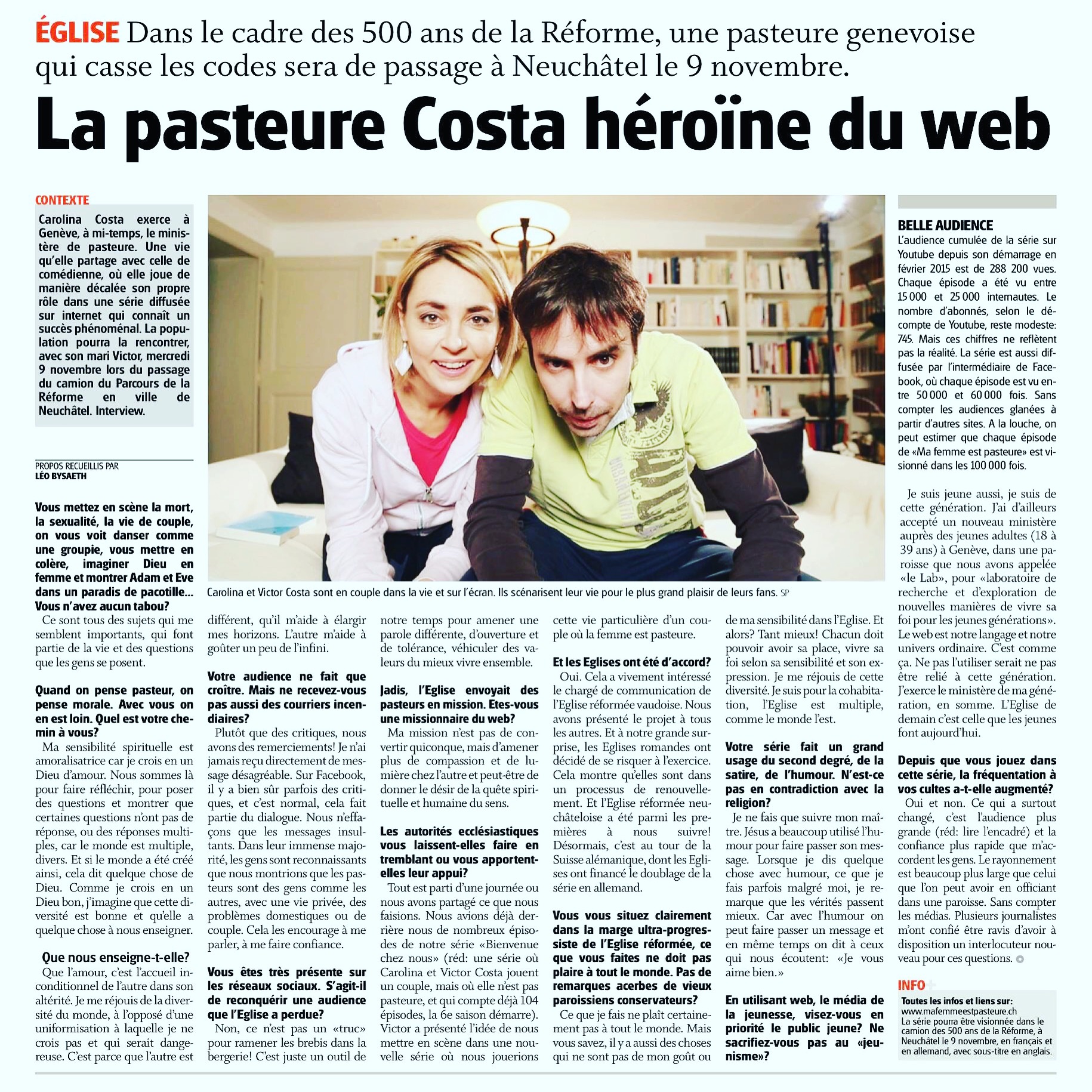Article de presse et média : L'arc info du 13 octobre 2016 - Ma femme est pasteure