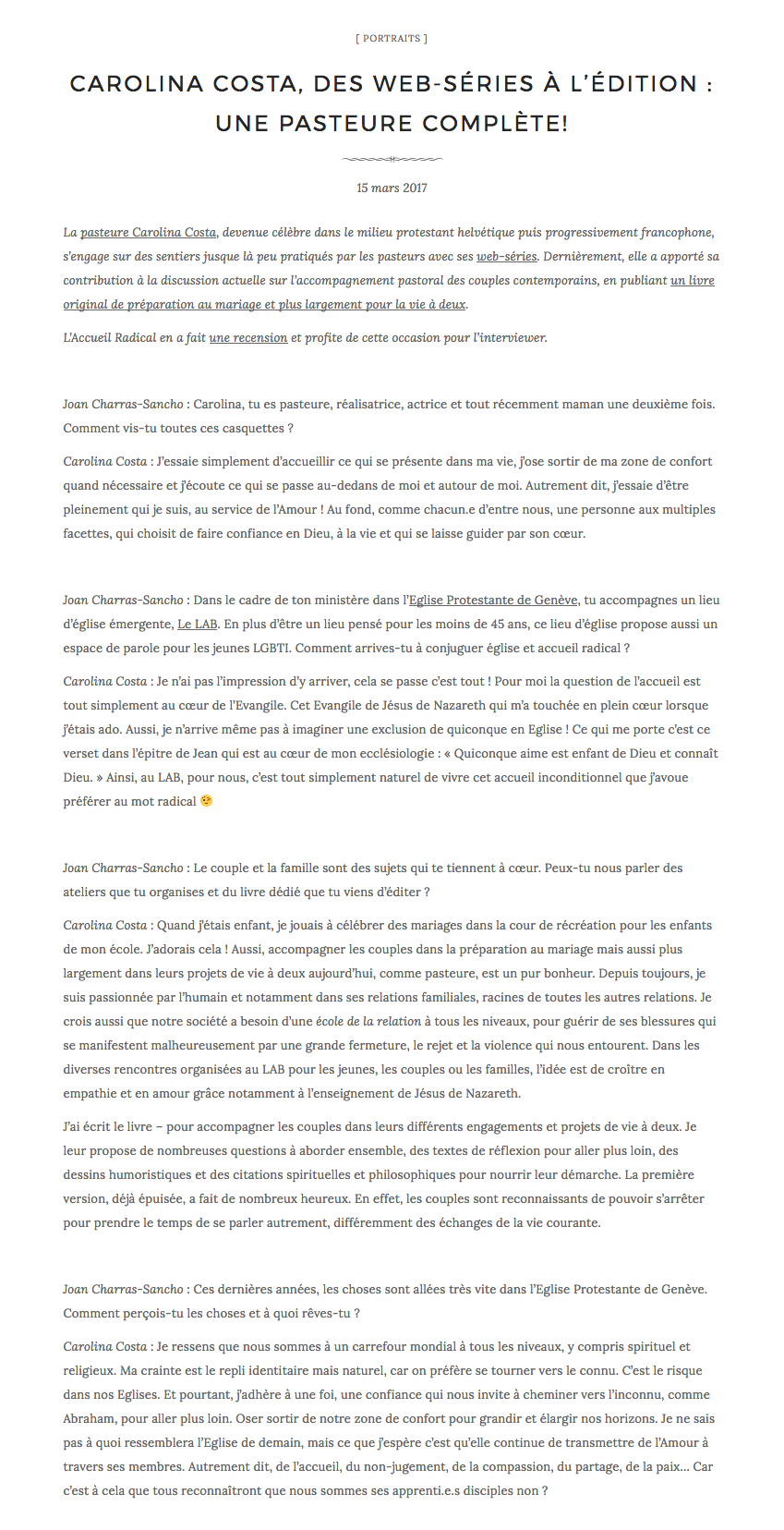 Article de presse et média : Accueil Radical du 15 mars 2017 - Ma femme est pasteure