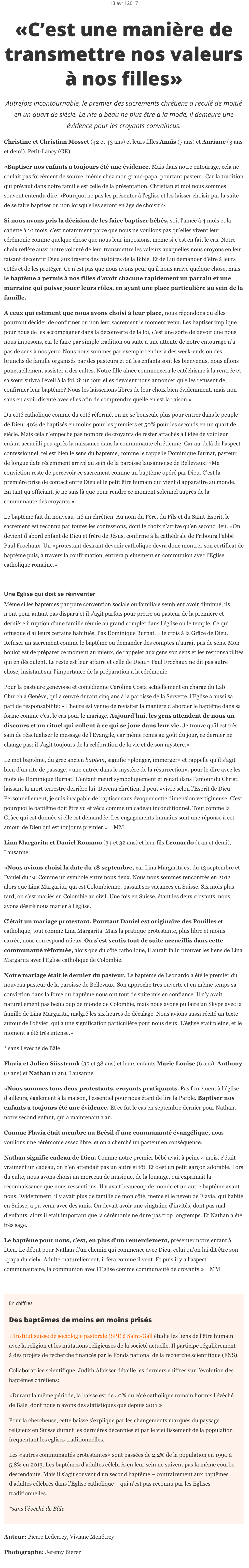 Article de presse et média : Migros Magazine du 19 avril 2017 - Ma femme est pasteure