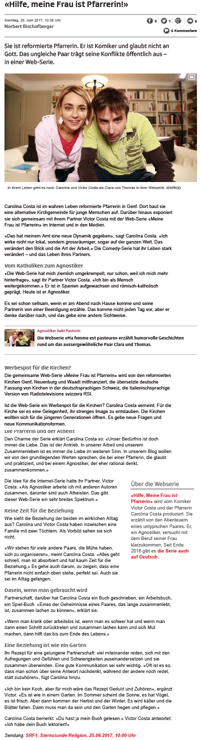 Article de presse et média : SRF vom 25 Juni 2017 - Ma femme est pasteure