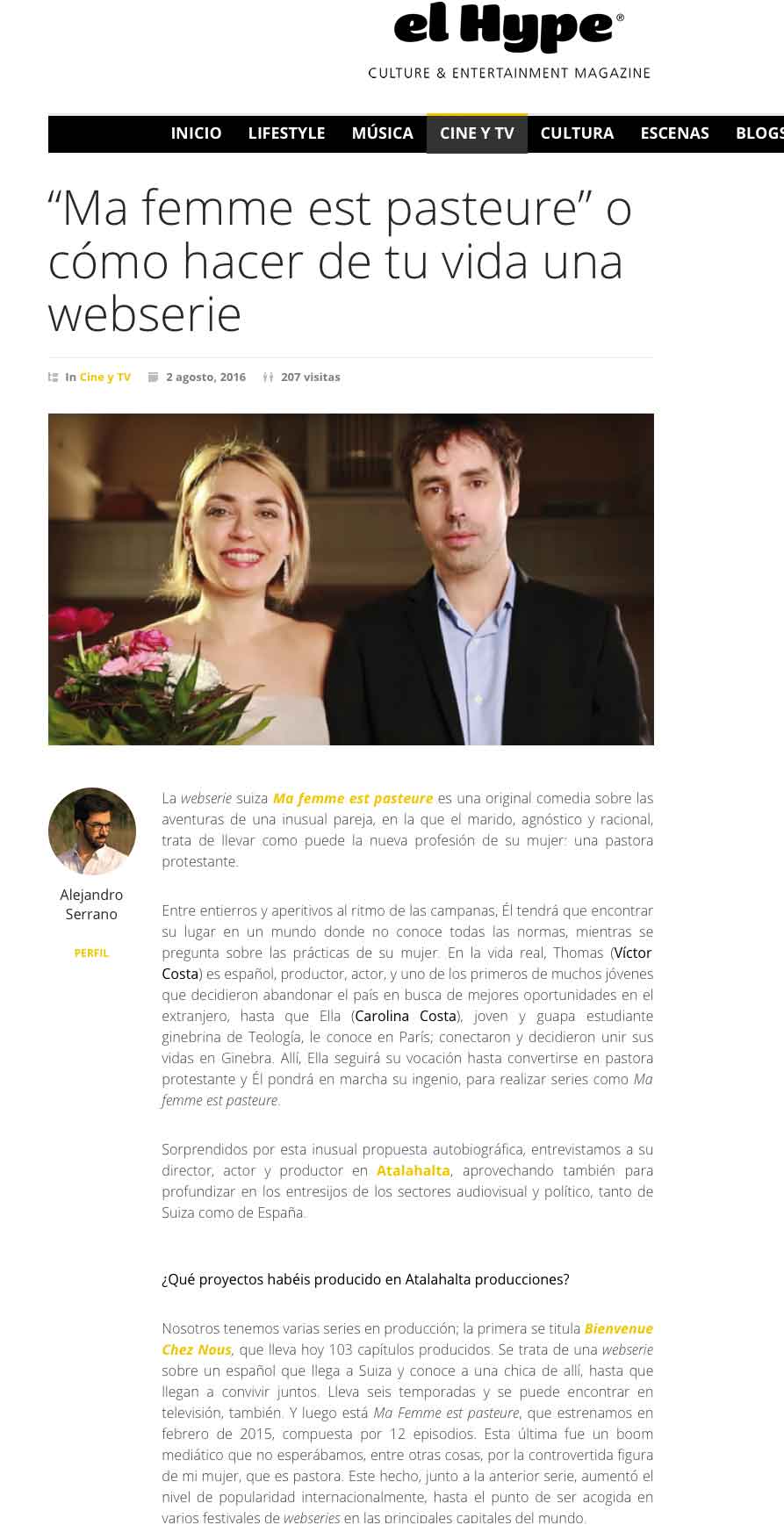 Article de presse et média : El Hype du 02 août 2016 - Espagne - Ma femme est pasteure