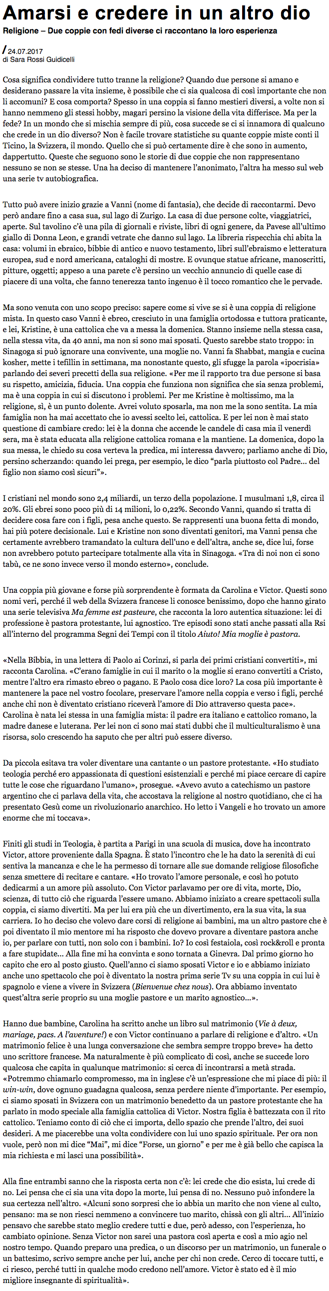 Article de presse et média : Azione du 24 juillet 2017 - Ma femme est pasteure