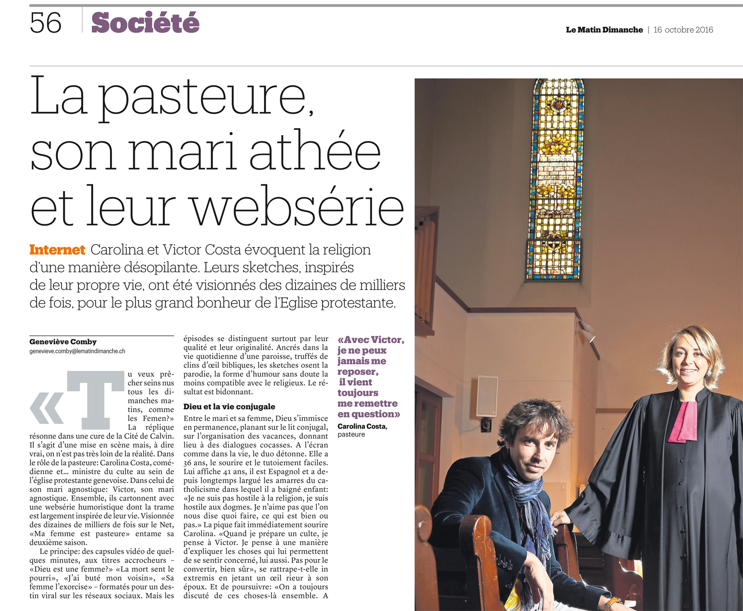 Article de presse et média : Le matin dimanche du 16 octobre 2016 - Ma femme est pasteure