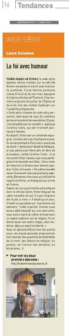 Article de presse et média : Reforme.net du 05 Mars 15 - Ma femme est pasteure