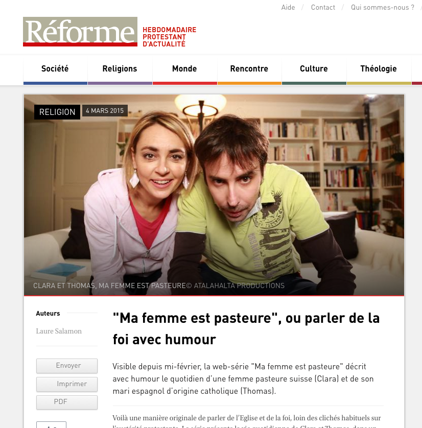 Article de presse et média : Reforme.net du 4 mars 2015 - Ma femme est pasteure