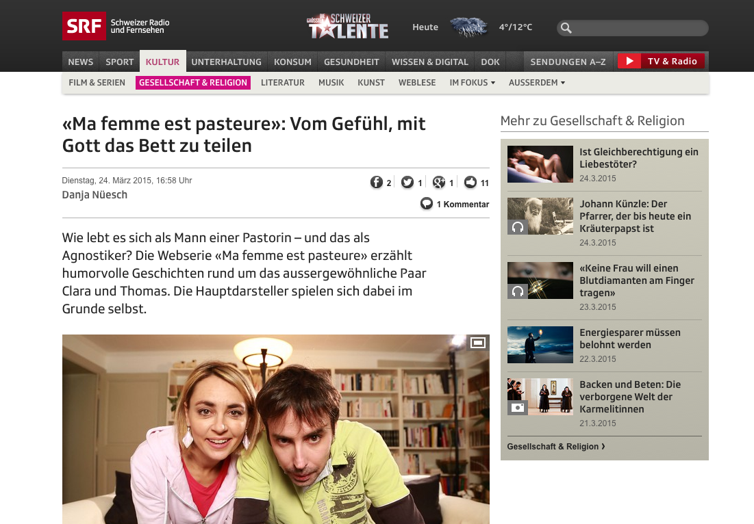 Article de presse et média : SRF.CH du 24 mars 2015 - Ma femme est pasteure