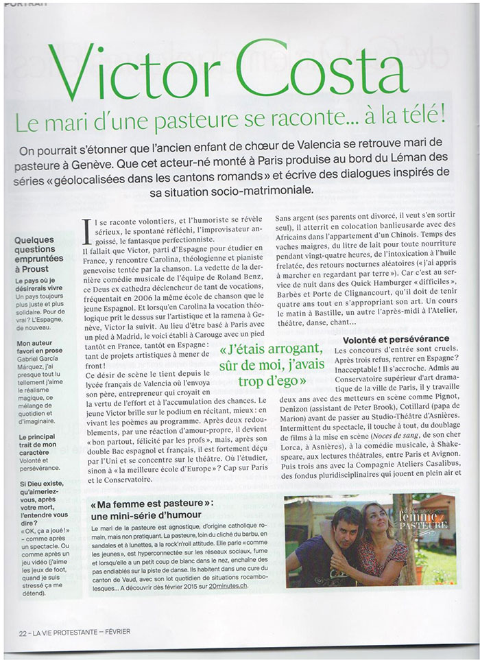 Article de presse et média : La vie protestante - Février 2015 - Ma femme est pasteure
