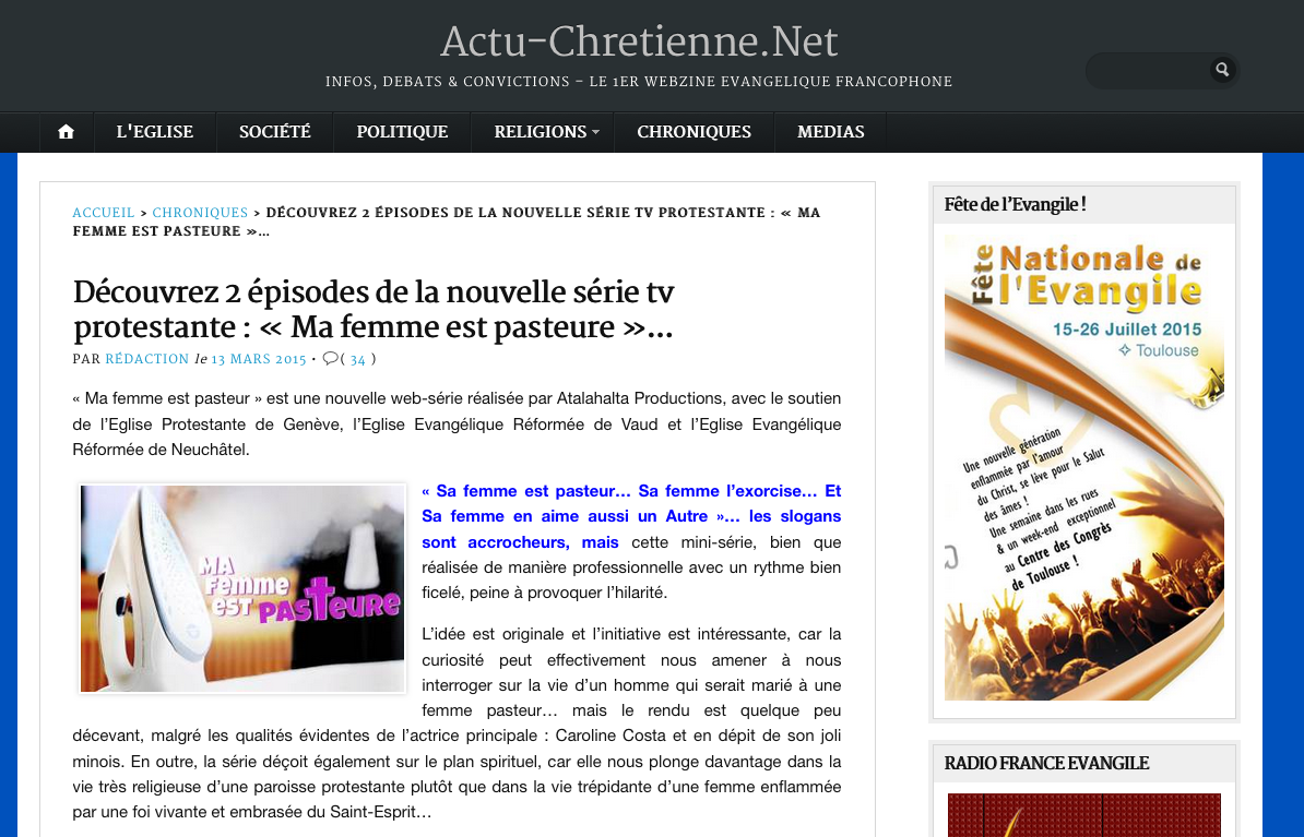Article de presse et média : Actualité Chrétienne du 1 mars 2015 - Ma femme est pasteure